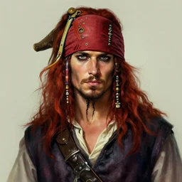 portrait of a young ruggedly handsome but charming pirate, male, masculine, upper body, red hair, long hair, d & d, fantasy, intricate, elegant, highly detailed, digital painting, artstation, concept art, matte, sharp focus, illustration, art by artgerm and greg rutkowski and alphonse mucha