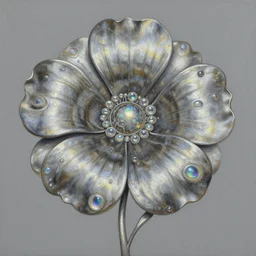 a painting of a metallic flower on a gray background, an airbrush painting by Earnst Haeckel and Louis Comfort Tiffany, trending on zbrush central, cloisonnism, high detail, detailed painting, biomorphic, bubbles, opalescent, exotic.