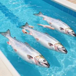 swimming pool filled with really long salmon