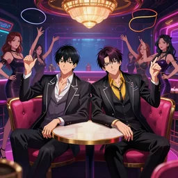 anime cartoon portrait of 2 guys in designer clothes at a private table in a club surrounded by beautiful girls throwing rubber bands in the air, cyberpunk