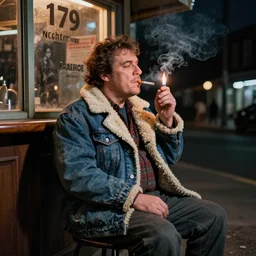 a hirsute broad man in a { denim shearling coat } sits on a small stool smoking a { lit cigarette } outside a lonely bar in queens at 1 am, 1 9 7 9, high quality high detail art by angus mcbride and norman rockwell and nc wyeth, hd, realistic, photorealistic lighting, modern supernatural horror.