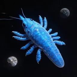 a blue tardigrade floating in space