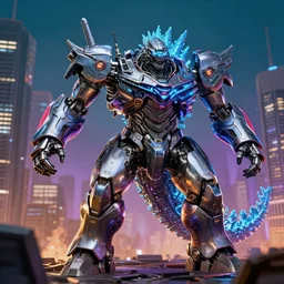 godzilla versus giant chrome rgb battle mech over a metropolis