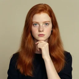 a redhead girl thinking, portrait, centered, artwork by Norman Rockwell, cinematic view, high quality