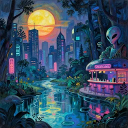 landscape by paul cezanne, liberty city morning sun fantasy at night darkacademia uv light neon signs tokyo forest alien nature at summer made of glass sea synthwave scumm bar futuristic, archdaily, wallpaper, highly detailed, trending on artstation.