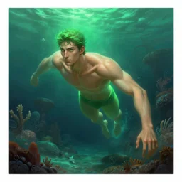 fantasy dnd male swimmer, underwater reef background, digital painting, green neon light, detailed, highly detailed, smooth, sharp focus, illustration by ruan jia and mandy jurgens and william - adolphe bouguereau, artgerm