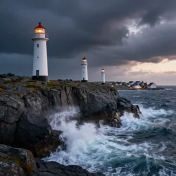 Three lighthouses on dramatic rocky cliff, large waves hitting the cliff, small nordic mythical town in the background, dark stormy clouds, dawn, fantasy, cinematic, dramatic lighting, photorealistic, unreal engine, artstation, detailed, 4k