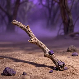 ultra realistic close - up on a dried branch with little purple rock in a desert forest blur purple fog