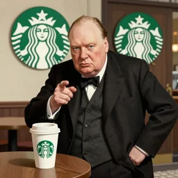 Winston Churchill waiting for a cup of coffee in Starbucks, digital art