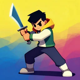 dead cells main character holding a kopesh, ready to strike, digital art, three color palette