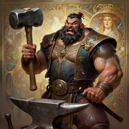 the vlacksmith, very strong, muscular, big hammer, anvil, beard, cheeky, coloured, fame of thrones, fibonacci, sweat drops, intricate fashion clothing, insane, intricate, highly detailed, surrealistic, digital painting, artstation, concept art, smooth, sharp focus, illustration, Unreal Engine 5, 8K, art by artgerm and greg rutkowski and alphonse mucha