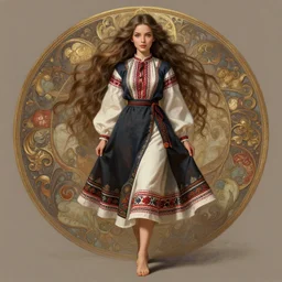 cute finnish woman with a beautiful face and eyes, long hair, wearing traditional karelian dress, long legs, fantasy, intricate, full body shot, sexy, highly detailed, digital painting, artstation, concept art, wallpaper, smooth, sharp focus, realistic photo by artgerm and greg rutkowski and alphonse mucha