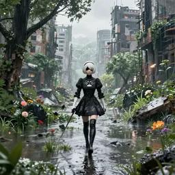 nier automata yorha type 2 b walking in post apocalyptic flooded city, city ruins rainy melancholy day, lots of trees, dense vegetation, unreal engine, cryengine, epic engine, volumetric lighting, ray tracing, rtx on, exposure, god rays, overcast, ambient lighting, blooming flowers, 3 d render, cinematic, subtle, high saturation, photo, ultra realistic, hyper realistic, extreme detail, bleeding edge graphics, 4 k, 8 k, hdr,
