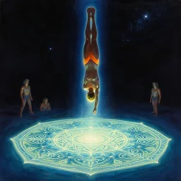 glowing silhouette high - dive into glowing mandala pool in space, tim hildebrandt, wayne barlowe, bruce pennington, donato giancola, trending on artstation, cinematic composition, beautiful lighting, hyper detailed, 8 k, oil on canvas