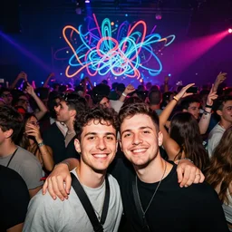 in the front 2 friends partying looking at the camera, in the back a huge crowd and neon drawing, abstract