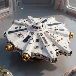 Solarpunk Millenium Falcon, Star Wars, futuristic utopia, scifi, golden engines, white space ship, fine details, atmosphere, perfect, 8k highly detailed, sharp focus, trending on artstation