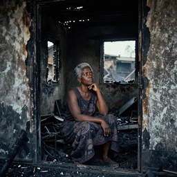 older black woman inside a house that has been burned, she looks pensive, everything is carbonized, photorealistic, dramatic colored lighting, mysterious ambiance, gregory crewdson photo style : : nikon d 8 1 0, ƒ / 2. 5, focal length : 8 5. 0 mm, exposure time : 1 / 8 0 0, iso : 2 0 0
