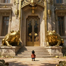 establishing shot, cinematic, character dwarfed by colossal brass toad statues, animation key shot of the great temple, ultra wide, door, stone steps, symmetrical statues, sunlight, ornate, rust, art deco, european, versailles, gold lily pads, by the best artist, fantastic architecture, dry, dusty, dappled sunlight