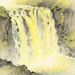 an endless waterfall, yellow colour splash, painted with a thin brush, detailed sumi-e illustration