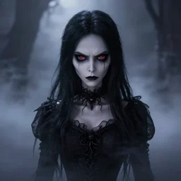 full shot portrait of angry darkness anime girl, gothic wearing, worrying eyes, inspired by Tim Burton, detailed, unreal engine 4k volumetric light, dense fog,
