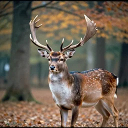 found footage of an illustrious, colorful deer in an autumn forest, film grain, desaturated, cam corder footage