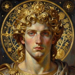hyper realistic painting portrait of apollo, occult diagram, elaborate details, detailed face, intrincate ornaments, gold decoration, occult art, oil painting, art noveau, in the style of roberto ferri, gustav moreau, david kassan, bussiere, saturno butto, boris vallejo