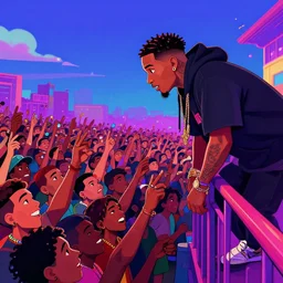 rapper leaning over huge crowd reaching up to him, digital art, vapor wave, hip hop, colorful, trending on Artstation, professional artist, detailed, 4k