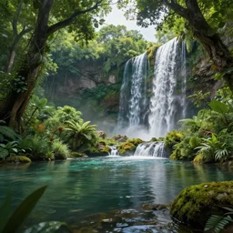 low angle shot of a pond, lush trees and waterfalls, by james gurney, concept art, intricate, hyper detailed, volumetric lighting, sharp focus, octane render, trending on artstation, 8 k