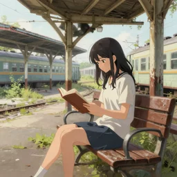 a beautiful girl sitting on a bench reading at an abandoned overgrown train station, old train station, establishing shot, detailed painting. wlop, art by rossdraws, art by ross tran, art by melmadedooks, pixiv, anime film still, anime key art, 4 k hd anime wallpaper, paper texture