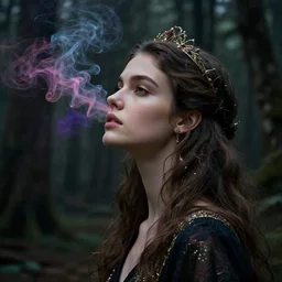 inside a soul of  a gorgeous  young  girl , searching for eternity, dark forest  in the style of stefan kostic, realistic, sharp focus, 8k high definition, high fashion, vogue, insanely detailed, soft light, colorful smoke, intricate, elegant, art by stanley lau and artgerm, sigma 85mm art