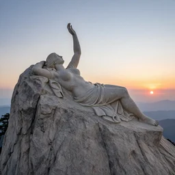 a detailed colossal magnificent stone sculpture carved from the top of a massive mountain of an elegant woman lying flat on the mountain peak with one hand raised to the sky, fine detail, sunrise on the horizon in the background, stone hand raised up, 8 k, art by greg rutkowski and alphonse mucha and andreas rocha and albert bierstadt