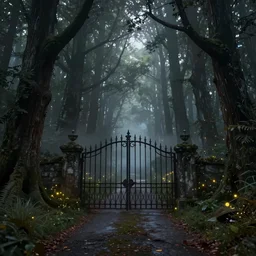 a hq artstation, beautiful digital glossy clear sharp of a detailed dark fantasy forest trees fireflies nd iron gate road pathway fog by greg rutkowski, tadema, dark constrast 8 k resolution trending on artstation
