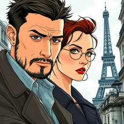 highly detailed colored ink illustration, close up portrait photo of leon the professional and mathilda lando in a scenic paris, cinematic lighting, octane render, unreal engine, sharp focus, clean shaped illustration by kim jung gi, studio ghibli, ric estrada, ron english and eiichiro oda