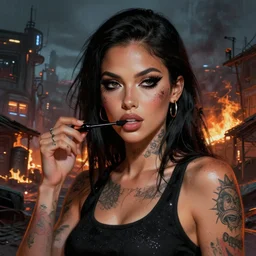 digital painting of a streetwear woman, running mascara, a futuristic shanty town burns in the background, distress, tattoos, dark strokes, dark glitter, 4k, 8k, hd, full color, octane render, trending on artstation, highly detailed