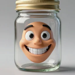a tiny realistic smiling aphex twin making crazy face inside a glass jar only. sharp focus, photography, unreal engine, trending on artstation, photorealistic, octane, trending on deviantart, unreal engine