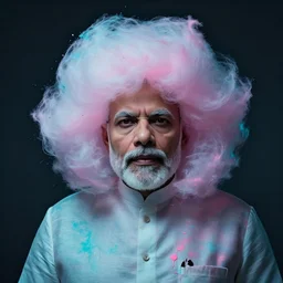 dramatic lighting photo of a beautiful narendra modi with cotton candy hair. paint splashes. moody and melancholy. with a little bit of cyan and pink