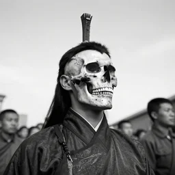 hunnic protester face elongated cranium mongolian hair style photo black and white wide angle lense