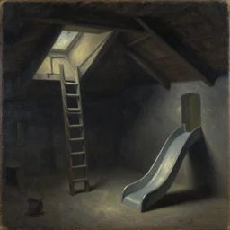 a square dark dungeon room. There is a ladder going to an attic and a slide going down, oil painting