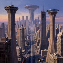 alien supercity, dense metropolis, brutalist architecture, bizarre and imposing megastructures, vanishing point perspective, drone speedways, twilight, style of Kelly Freas