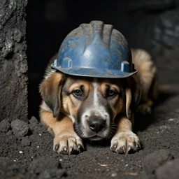 woeful hungry sad puppy wearing hard hat in dusty coal mine, photo from 1 9 9 8,