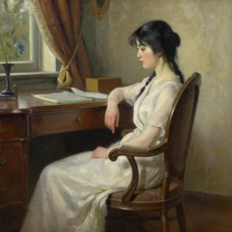 oil painting by wlop, conrad roset, coby whitmore, of a youthful japanese beauty sitting on antique chair leaning against a desk, sideview, victorian room