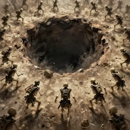 a horde of skeleton warriors running towards a deep giant sinkhole, dynamic, action pose, digital painting, WLOP, trending on artstation, 8k, epic composition, highly detailed, sharp focus
