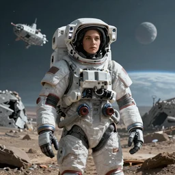 front-facing portrait of a female mecha astronaut on a distant planet with a broken air ship, cinematic lighting, epic