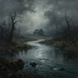 grunge painting of a horror river. in the distance, there is a haunted shed. by bob ross, albert bierstadt, grim, gothic, ominous, foggy background, immaculate scale, hyper - realistic, trending on artstation, 8 k, detailed, atmospheric, immaculate