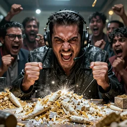 tony khan wearing a headset, yelling furiously, piles of cocaine everywhere, scolding, background filled with frightened people, intense, hyper detailed, artstation, flashing lights, hyper anger, intricate detail, concept art, 8 k