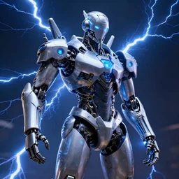 photography of a hyper realistic highly detailed complex blue lightnings arround a cyborg. high detail, professional digital art, unreal engine 5 8 k rendering, stunning, artstation