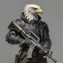 a portrait of an anthropomorphic cyberpunk eagle holding an ar 1 5, fantasy, elegant, digital painting, artstation, concept art, matte, sharp focus, illustration, art by josan gonzalez