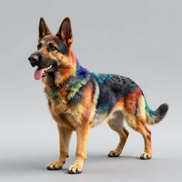 3 d model of a rainbow colored german shepherd, octane render, raytraced