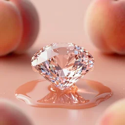 a ( peach color ) diamond on a display. peach juice just from a peach drips off the diamond and surrounds it. high quality, product lighting, digital art, photorealistic, ue 5