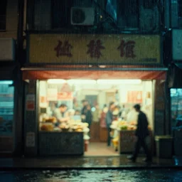 concept, cinematic shot, heavy rain, night, shop with bright light inside by Wong Kar-Wai, blurry, volumetric, filmcamera style